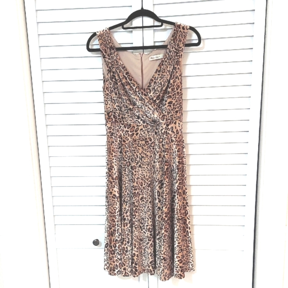 Grace Karin Dress, Sz M, Leopard Print, Sleeveless, Wrap Front, Swing Skirt, Zip